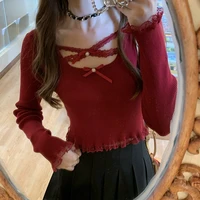 sweet girl knitted pullovers women lace cross strap bowknot long sleeve aesthetic harajuku kawaii solid short cute sweater