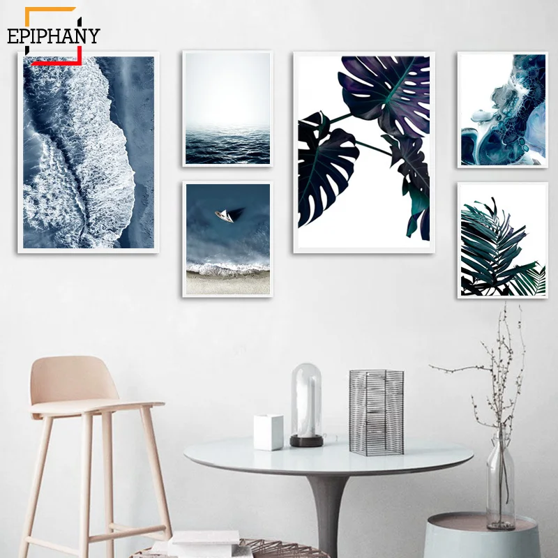 Тропическое украшение картина скандинавский океанский пейзаж зеленые листья