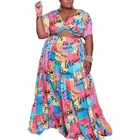 5XL размера плюс, длинные юбки, наборы, женская футболка с v-образным вырезом, укороченный топ, наряды, летняя уличная юбка с оборками и принтом граффити, костюм из 2 предметов