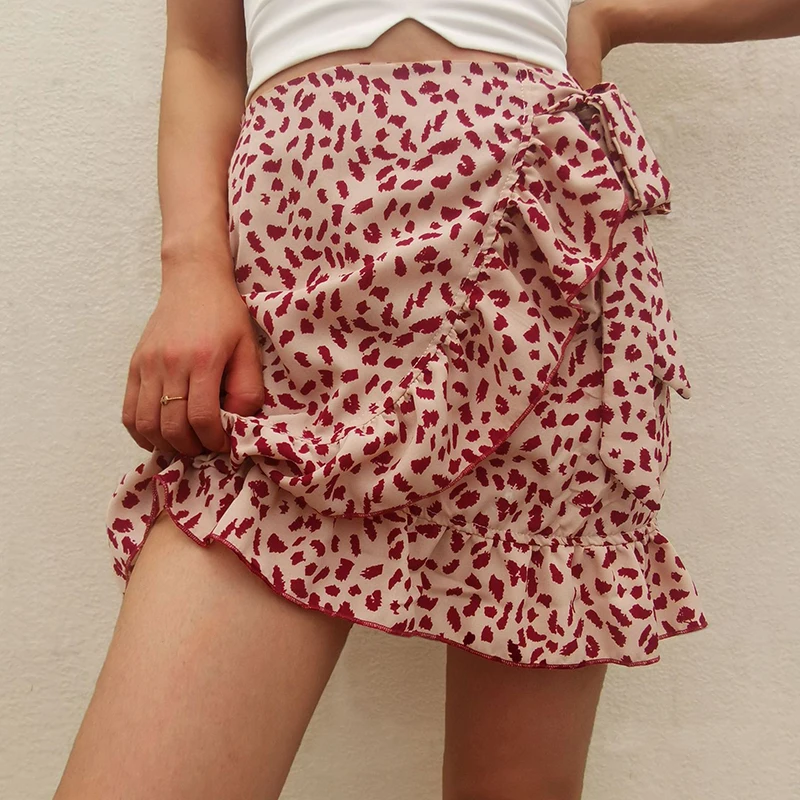 

Print Ruffles Casual Slim High Waist Bandage Irregular Women Skirt Summer 2021 Femme Jupe Harajuku Vintage Mini Skirts JK1151