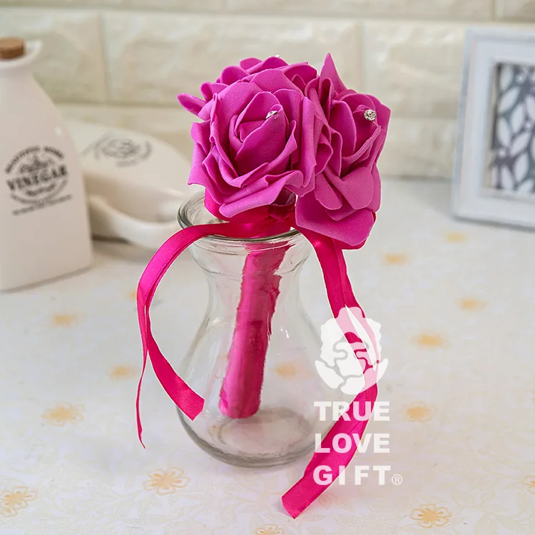 Hot pink Красивый романтический свадебный букет цветок девушка невесты маленький букет невесты пена цветок лента со стразами de noiva - Цвет: Hot pink