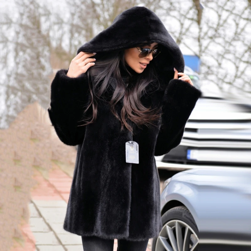 Женская Шуба с капюшоном TOPFUR черная шуба из натурального меха норки зимняя