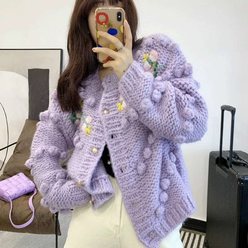 Женский вязаный кардиган ручной работы плотный крючком свитер с объемными