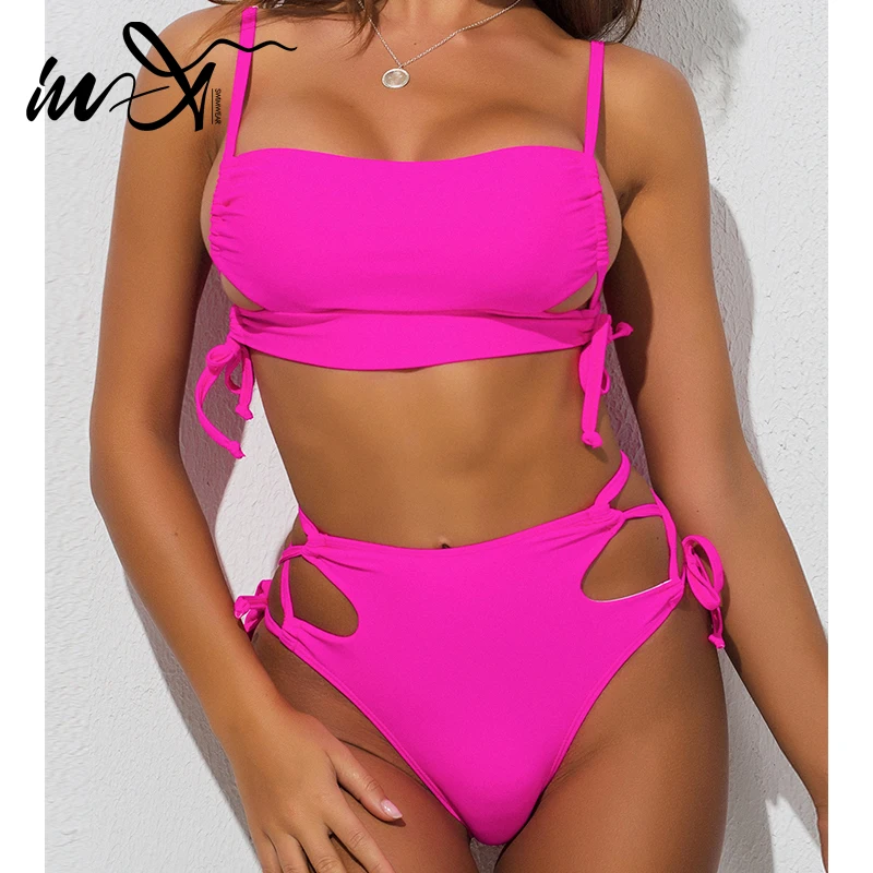 Бикини In X с высокой талией 2020 женский розовый купальник бандо женские купальники