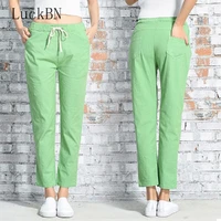 2021 cotton linen sweat pants casual summer spring womens pants large ankle length wide leg pants straight solid trousers 3xl