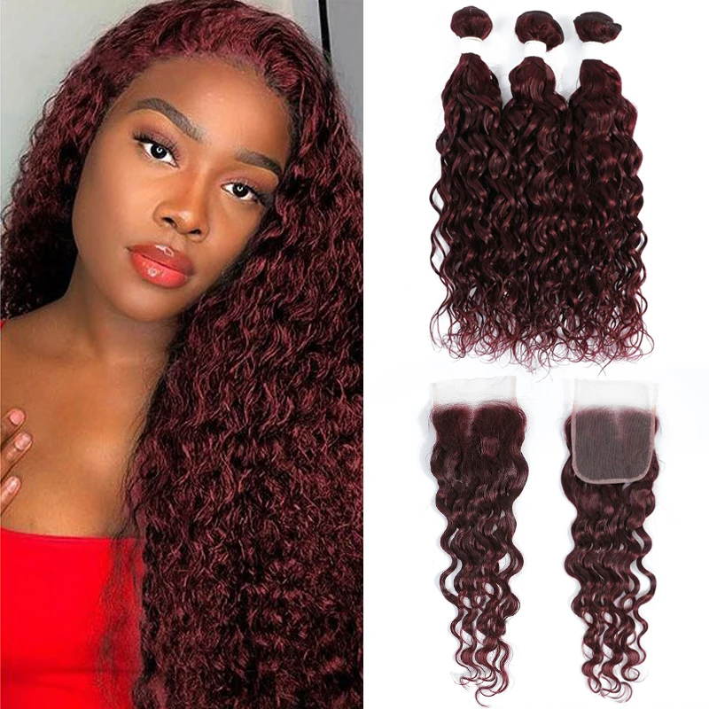 

99J/пупряди бразильских человеческих волос бордового цвета с застежкой 4x4, 3 пряди волнистых волос с застежкой, волнистые волосы KEMY Hair