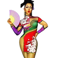 multicolor floral pattern printing mini dress rhinestones high split fork cheongsam dresses personality performance wear ladies