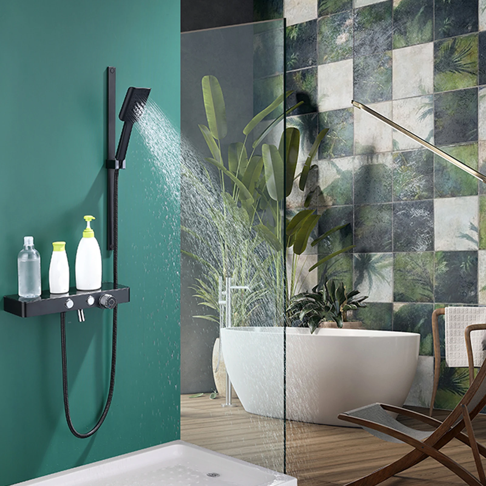 

Adjustable Black Shower Riser Slide Bar with Hand Held Shower Nail-free Wall Mount Shower Sliding Bar Set