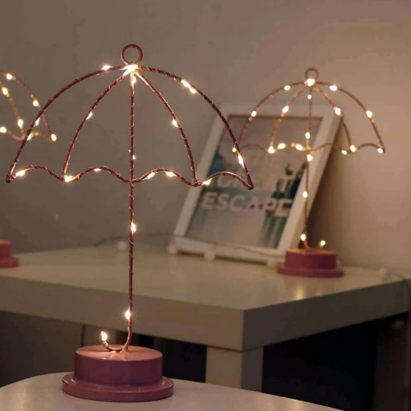 

T21D Wrought Iron Bedside Lamp in Umbrella Shape Night Light Home Romantic Decor Battery Powered Lamp in Nordic Style