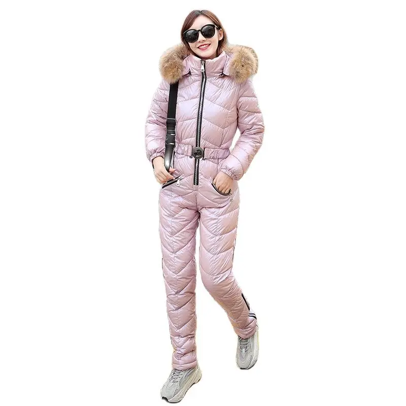 2022 New Winter Women's Hooded Jumpsuits Parka Cotton Padded Warm Sashes Ski Suit Straight Zipper One Piece Casual Tracksuits