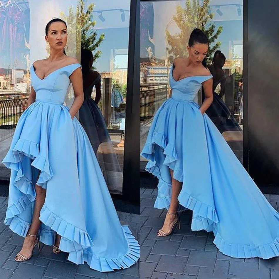 

High Low Satin Prom Dresses Off The Shoulder Light Sky Blue Luxury Arabic A Line Cocktail Dress Evening Gowns Robe De Soiree
