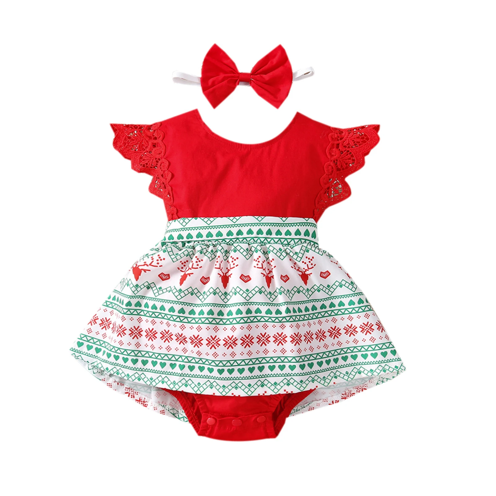 

Комплект рождественской одежды для маленьких девочек, короткий комбинезон с длинным рукавом и круглым вырезом с принтом + повязка на голову...