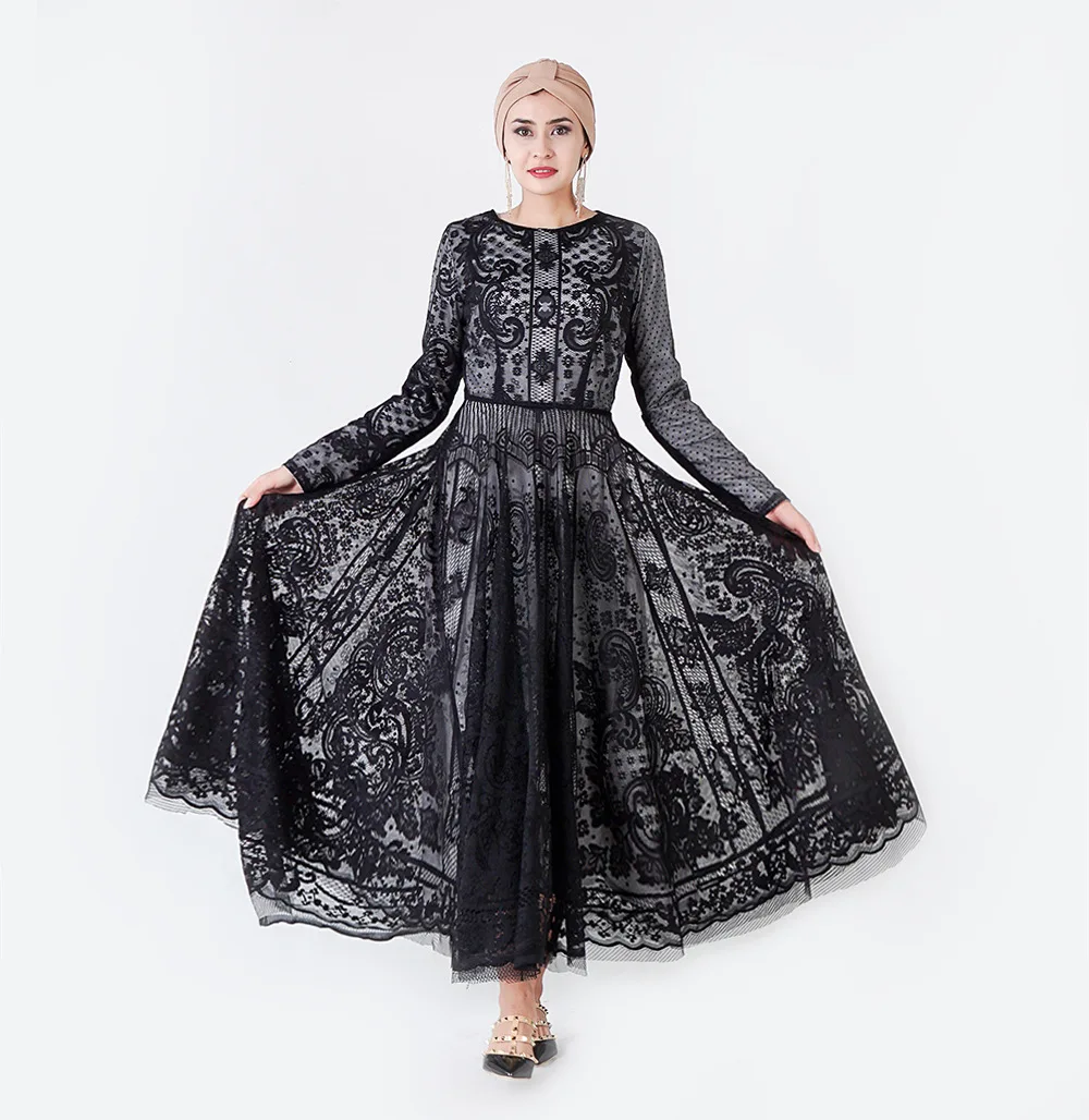 Роскошное черное кружевное мусульманское платье для женщин размера плюс
