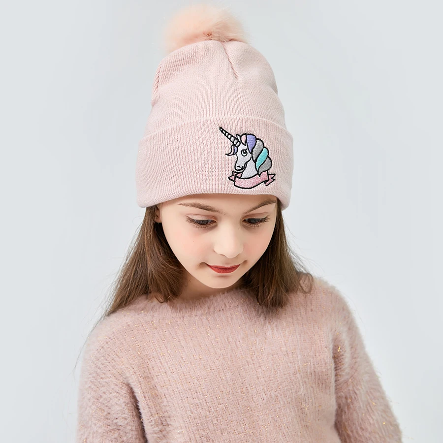 

Winter Unicorn Knitted Beanies Hat Children Faux Fur Pom Caps Teenager Girls Warm Baggy Hats Lady Wool Knitting Crochet Cap