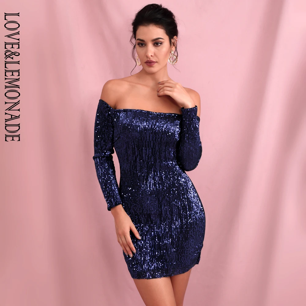 Женское платье с блестками LOVE & LEMONADE синее эластичное воротником стойкой модель