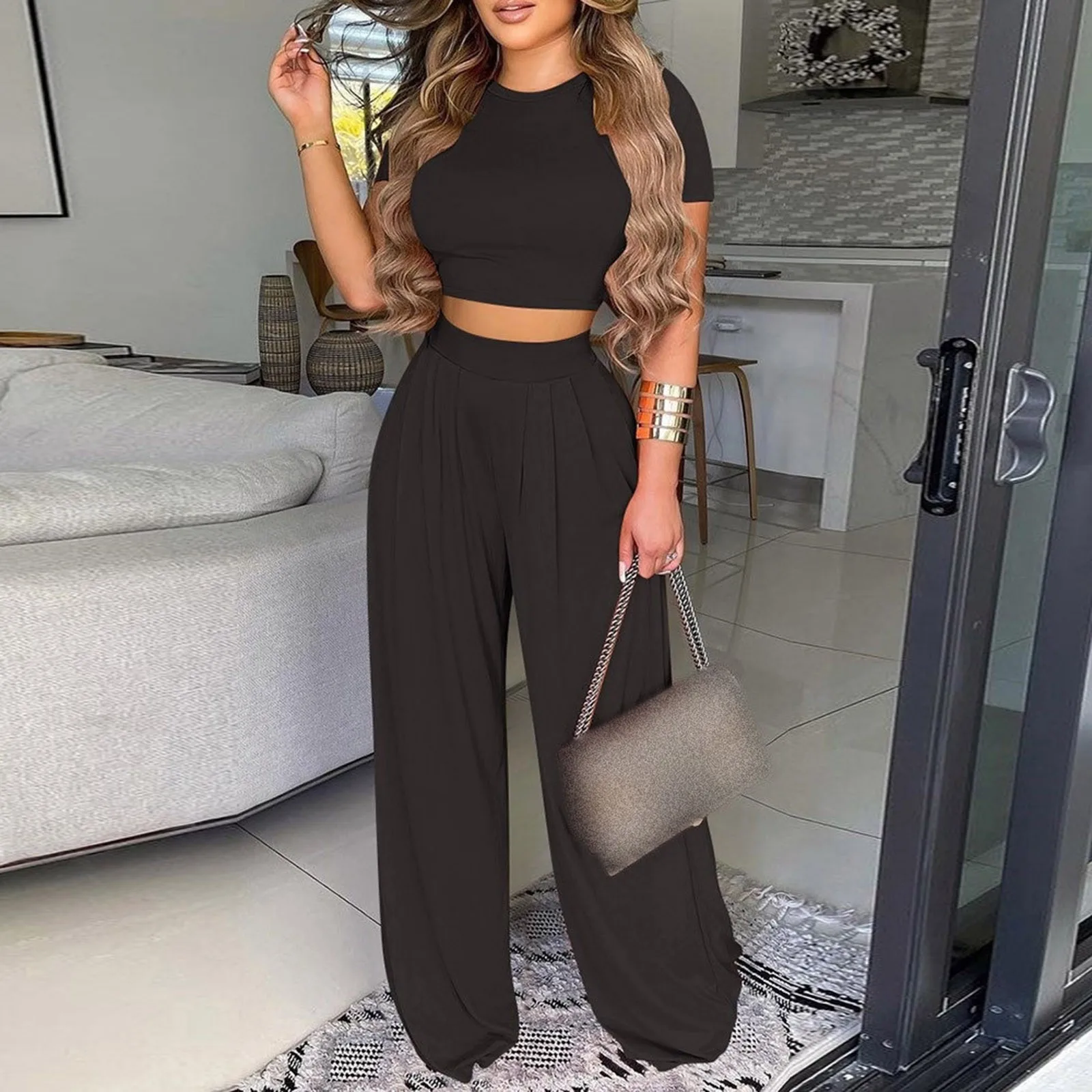 

Женский праздничный комплект из двух предметов, повседневный однотонный облегающий топ с круглым вырезом и коротким рукавом и длинные брюк...