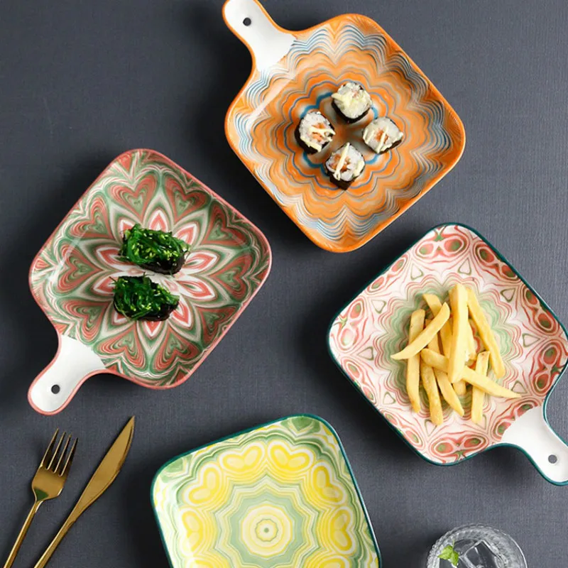 

Ручная роспись жаростойкая посуда с ручкой Скандинавская керамика креативная тарелка для суши тарелка для японского Западного стейка стол...
