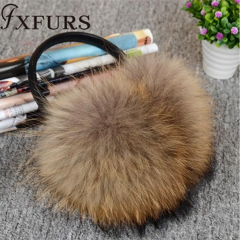 FXFURS новые модные милые объемные наушники из лисьего меха теплые меховые наушники из натурального меха с кожаной полкой для женщин защита для ушей зима - Цвет: natural raccoon fur