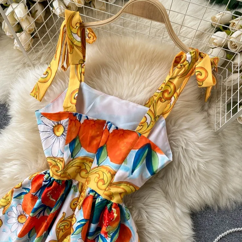 

2021 Summer Floral Dress For Women Europe Style Square Collar Sleeveless A-line Dresses Boho Print Vacation Backless Vestidos