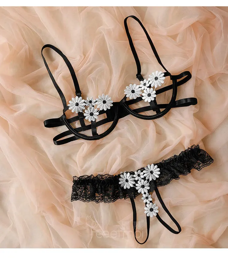 Sexy female sexy open file bare chest rim flower perspective bra set+ embroidery perspective split suit
