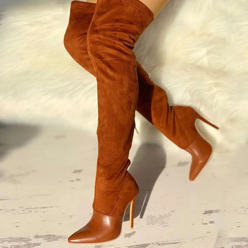 

Dropship Brown Sexy Woman Thigh High Boots Fashion Thin High Heel Over The Knee Boots 2021 Autumn Female Shoes