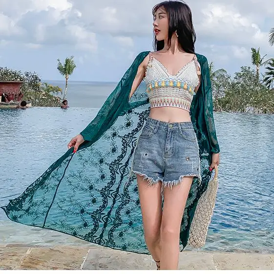 Женский пляжный кардиган с длинным рукавом Зеленые Изумрудные кружевные кимоно