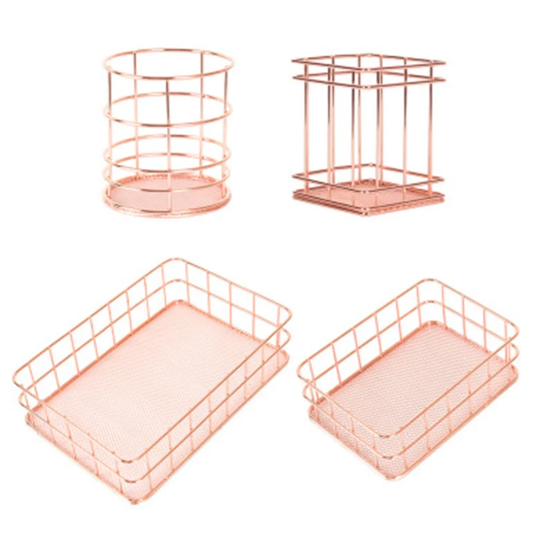 

Rose Gold Wrought Iron Cosmetic Storage Box Desktop Cleaning Debris Box Dressing Table Storage Box