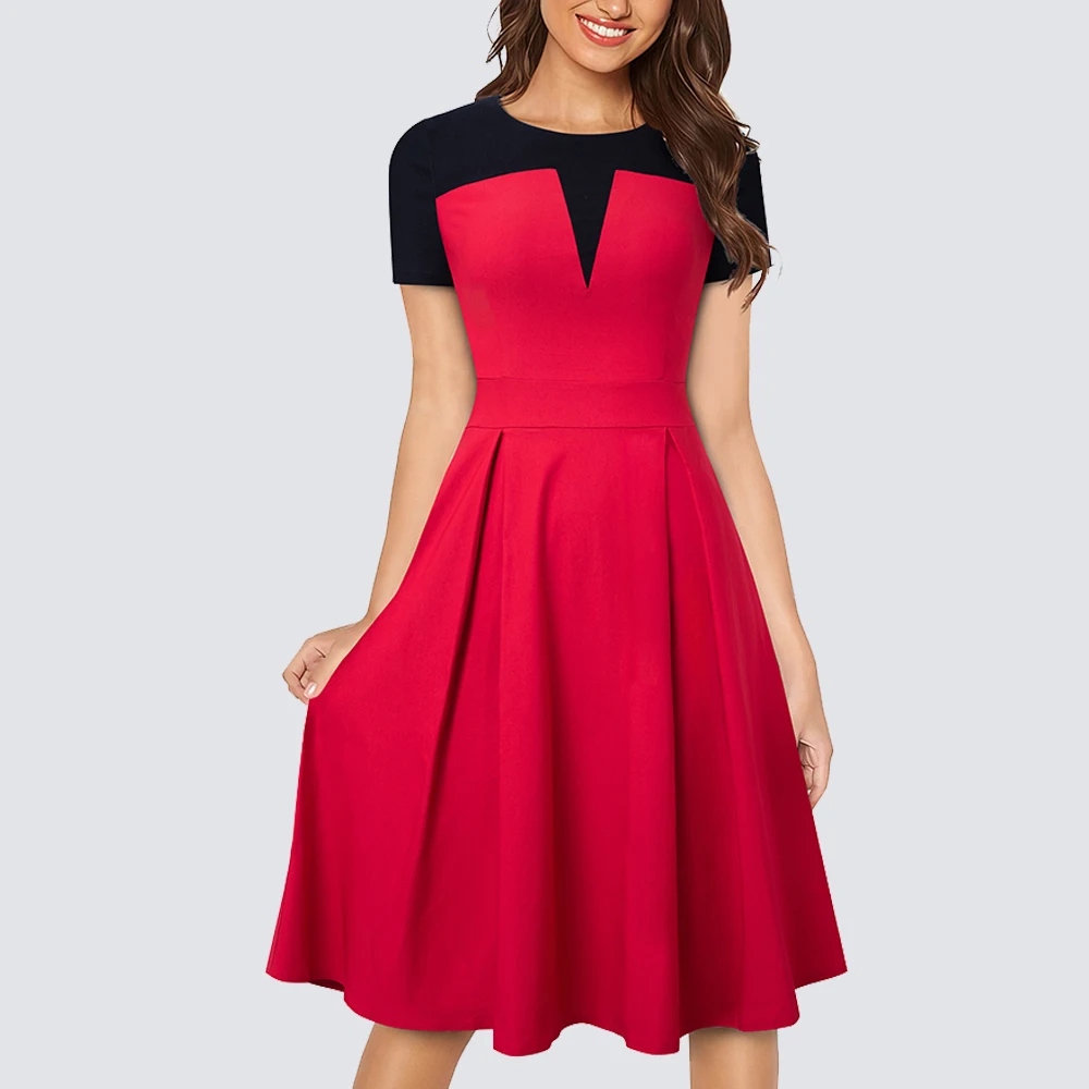 

Women Summer Classy ColorBlock Patchwork Casual Party Retro Swing Flare Dress 1HA088