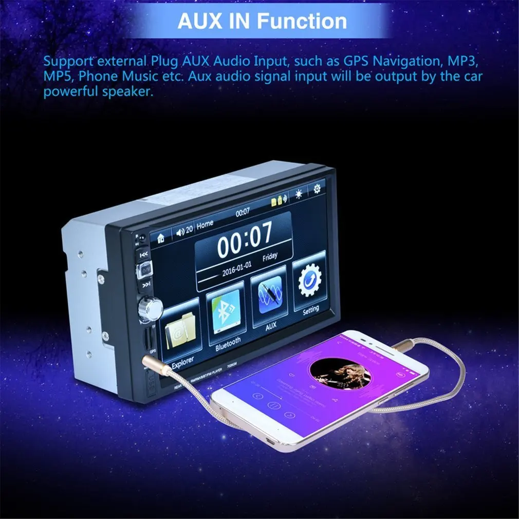 

7026 1080P Digital 7 Inch Touch Screen Car Multimedia Player for Mobile Phone Interconnection GPS FM