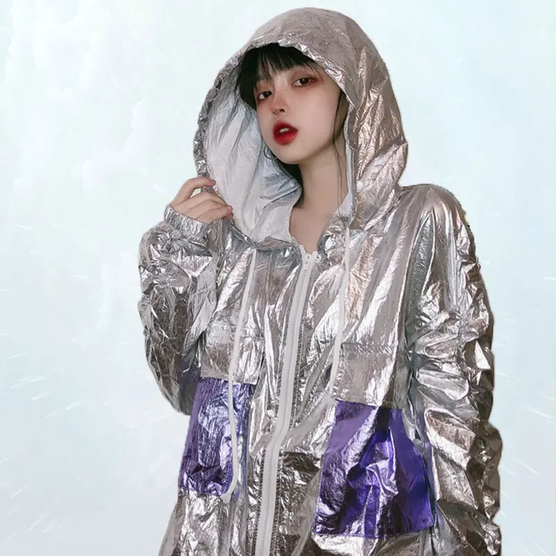 Летний жакет Для женщин Лазерная Глянцевая с капюшоном куртка из ткани защитой