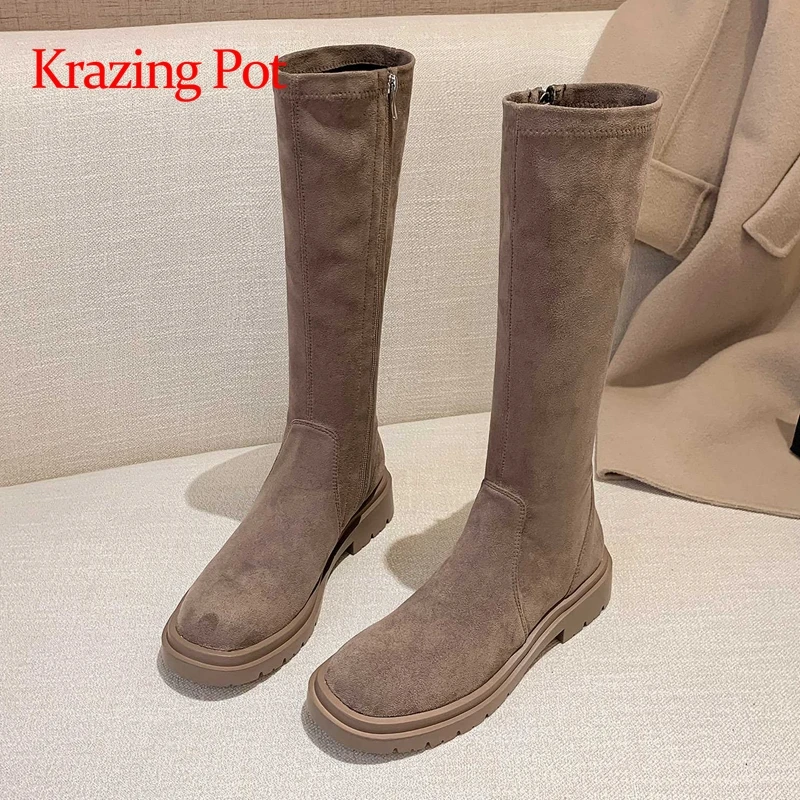 

Ботинки Krazing pot женские на среднем каблуке, теплая однотонная повседневная обувь из флока, на молнии, на каждый день, L50