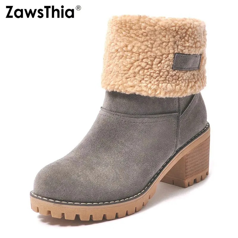 

ZawsThia Women Snow Boots Thick High Heels Platform Waterproof Ankle Boots For Women Thick Warm Fur Winter Warm Boots size 34-43