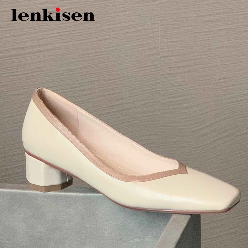 

Lenkisen french romantic full grain leather mixed colors square toe med strange heel slip on dating mature dress women pumps L60
