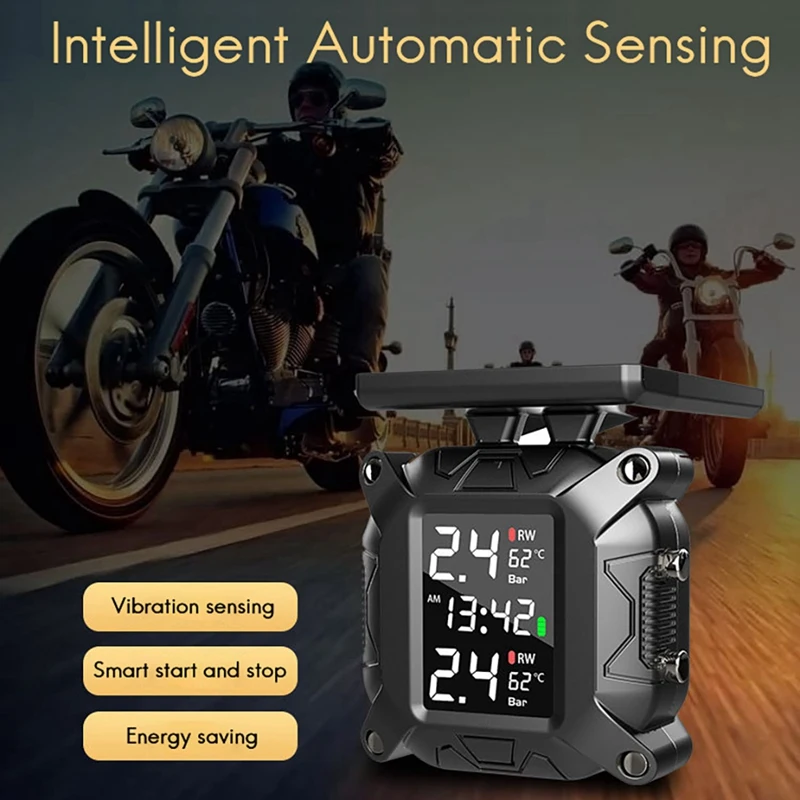 

Wireless Motorcycle TPMS Tire Pressure Monitoring System Solar External Sensor LCD Display Temperature Monitor Alarm
