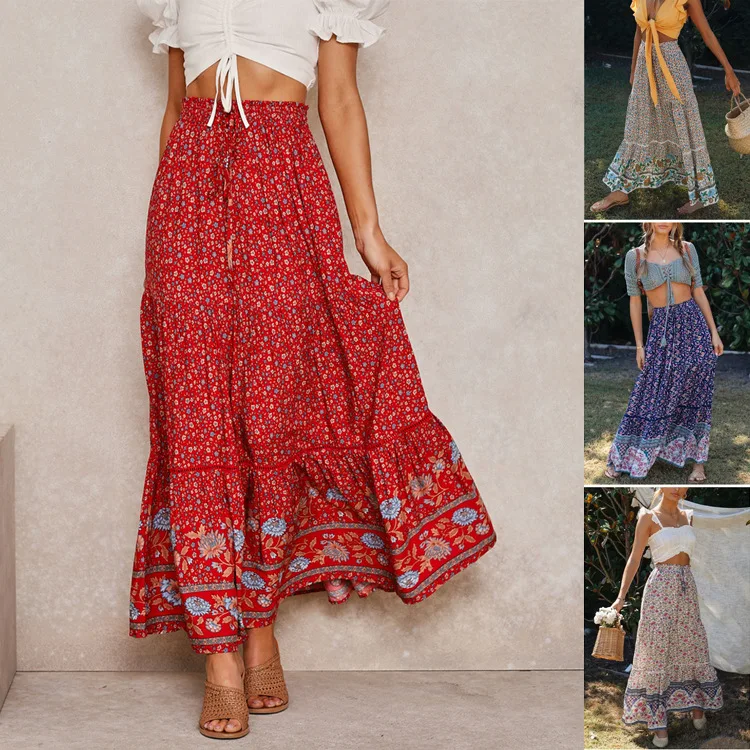 2021 hot style hollow lace stitching positioning printing large pendulum skirts retro beach holiday by the sea