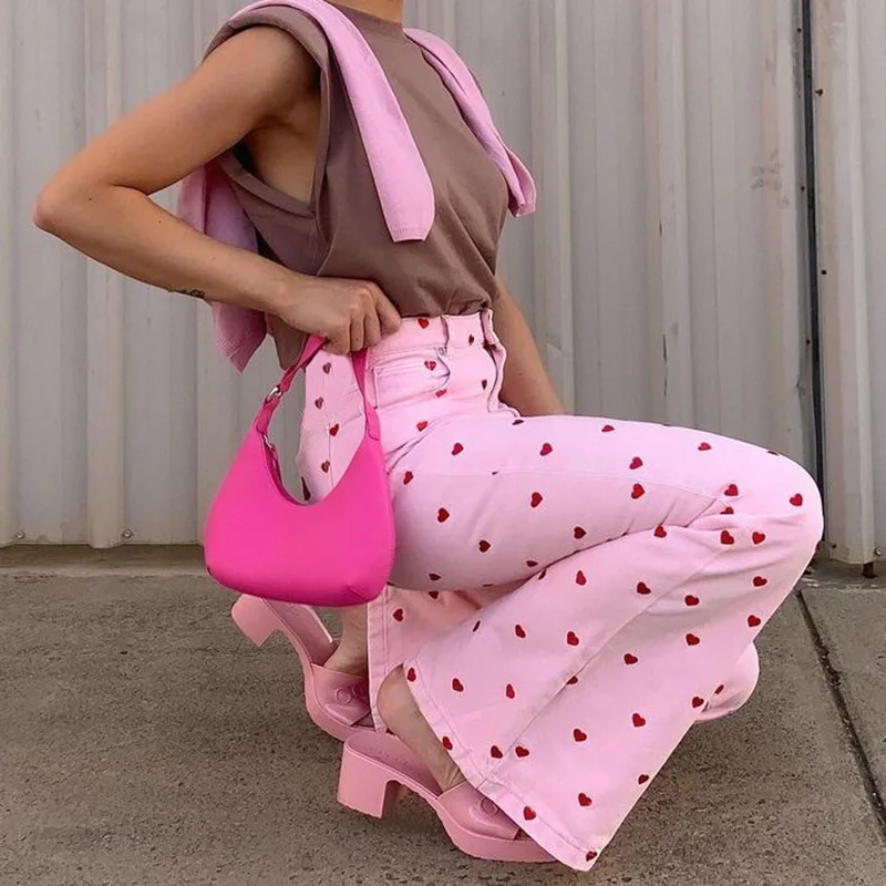 

Streetwear Sweet Love Printed Slim Pants Women Fashion High Waist Pants Women Harajuku Long Trousers Vintage Wide Leg Pants