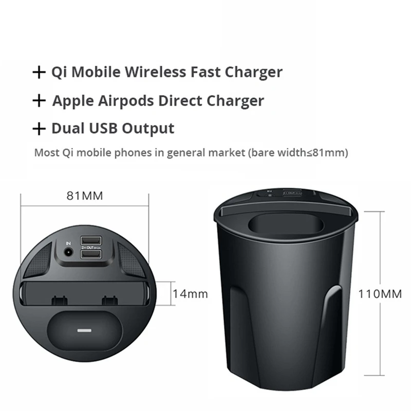 X9A 10W Wireless 4 in 1 Car Charger Cup with Dual USB Output for IPhoneXS/XR/XS Max Airpods Mobile Phone |
