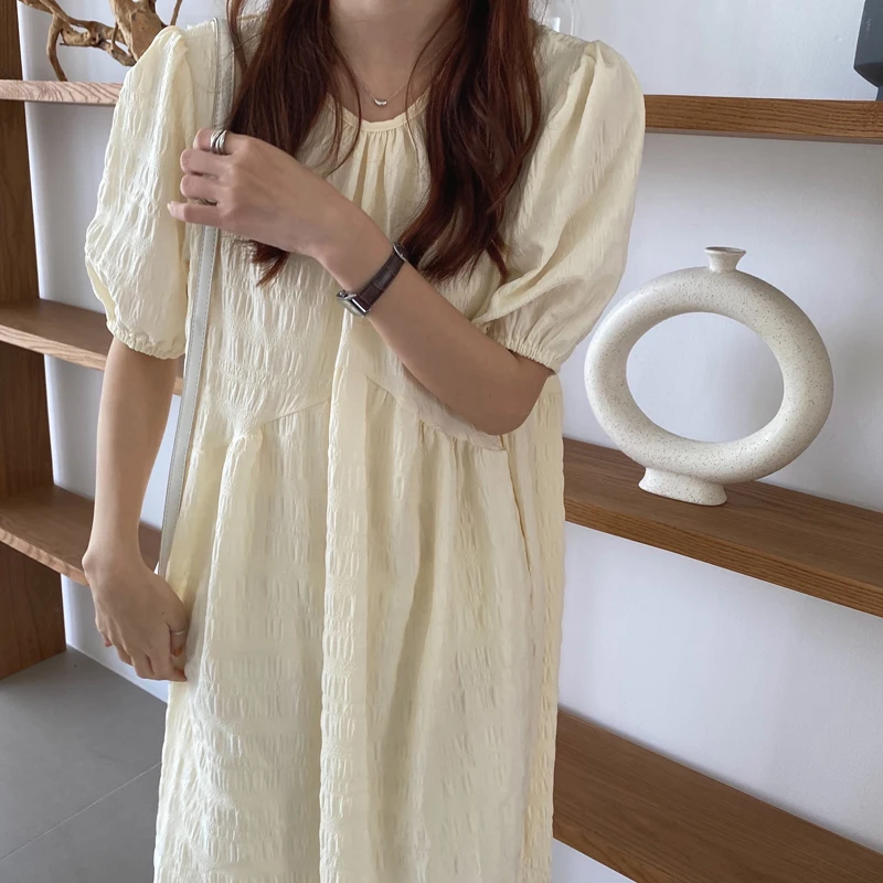 

2021 Causal Sweet Women Dress Korean Puff Short Sleeve O-neck Vestidos Femme 2021 New High Waist A-line Dresses 6F292