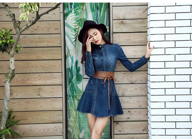 Демисезонное женское джинсовое платье на молнии с длинными рукавами|Женские