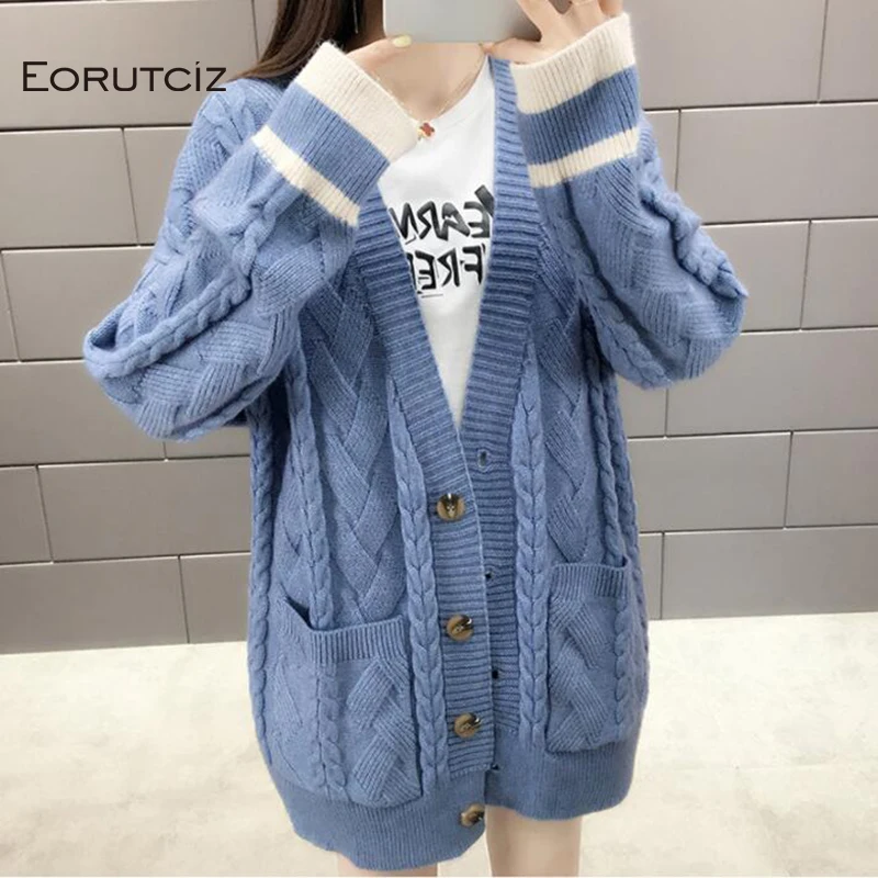 

Женский кардиган оверсайз EORUTCIZ, повседневный вязаный свитер, Осенний Топ с длинным рукавом, толстое теплое базовое пальто, модель LM547