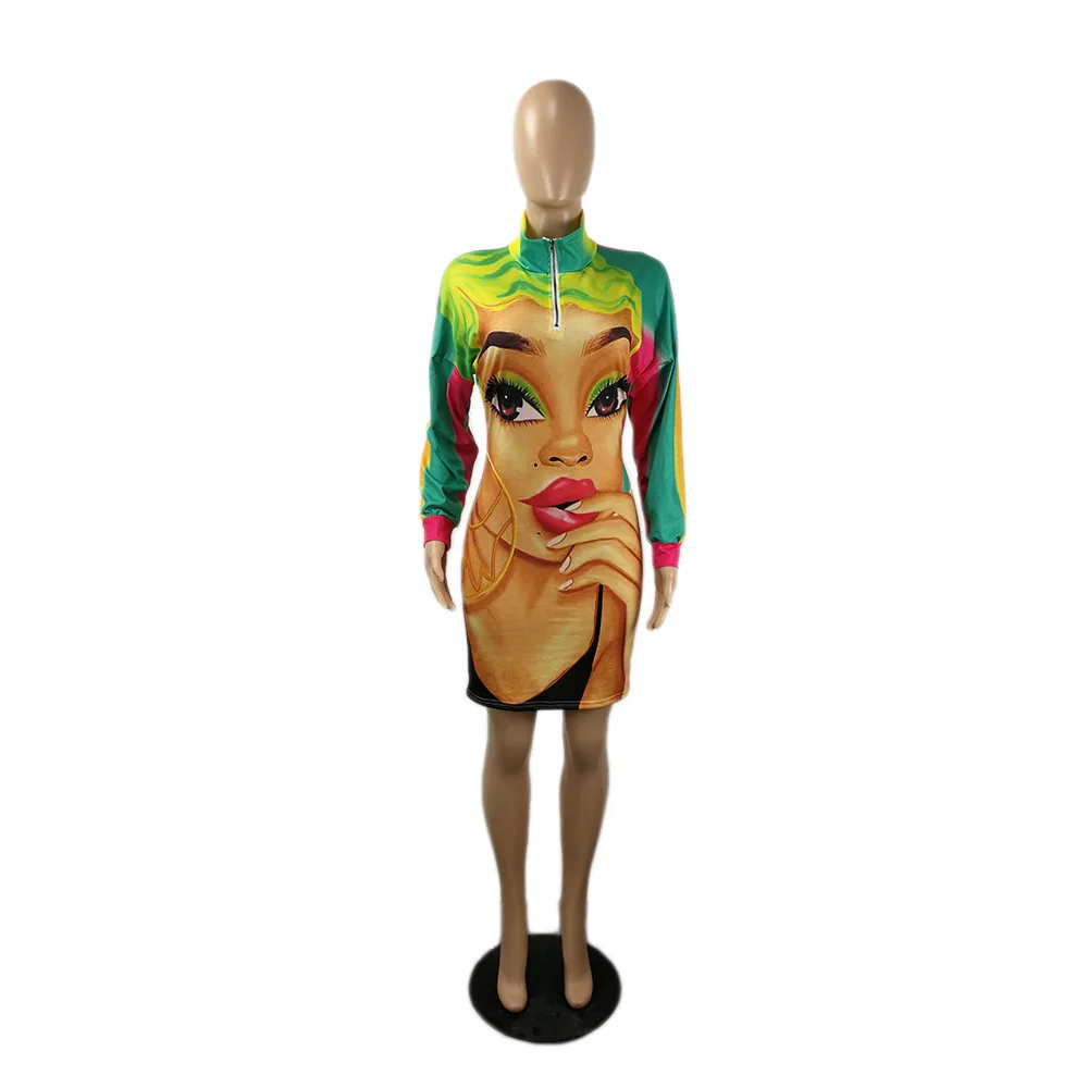 

Character One Love Letter Print Bandage Dress New Women Stand Collar Full Sleeve Skinny Dresses Streetwear Zipper Up Mini Dress