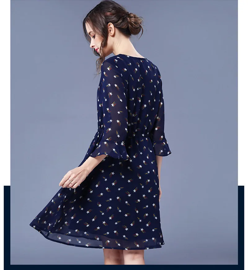 2020 Spring Summer Dress Women V-Neck Floral Chiffon Dresses Flare Sleeve Casual Slim Blue Vestidos Plus Size 5XL WXF711 | Женская