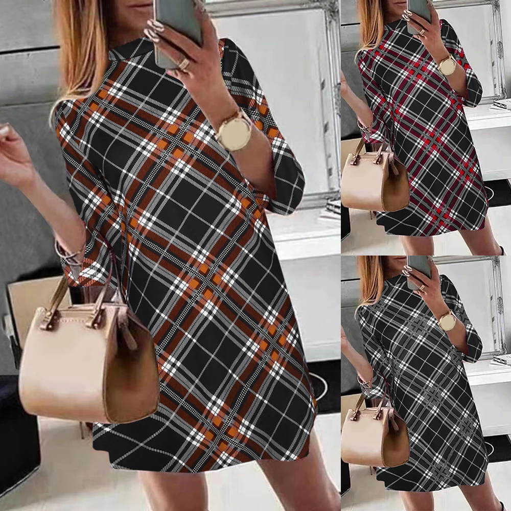 

Plaid Printed Women Mini Dress Straight Loose Stand Collar Ladies Long Sleeve Dress Fashion Casual Female Sundress Dress