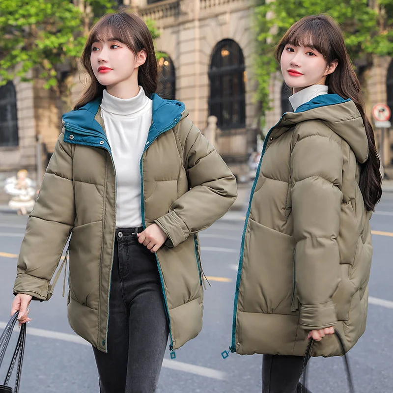 

Женская Стеганая куртка средней длины, контрастная свободная Студенческая куртка с капюшоном, с хлопковой подкладкой, в Корейском стиле, зи...