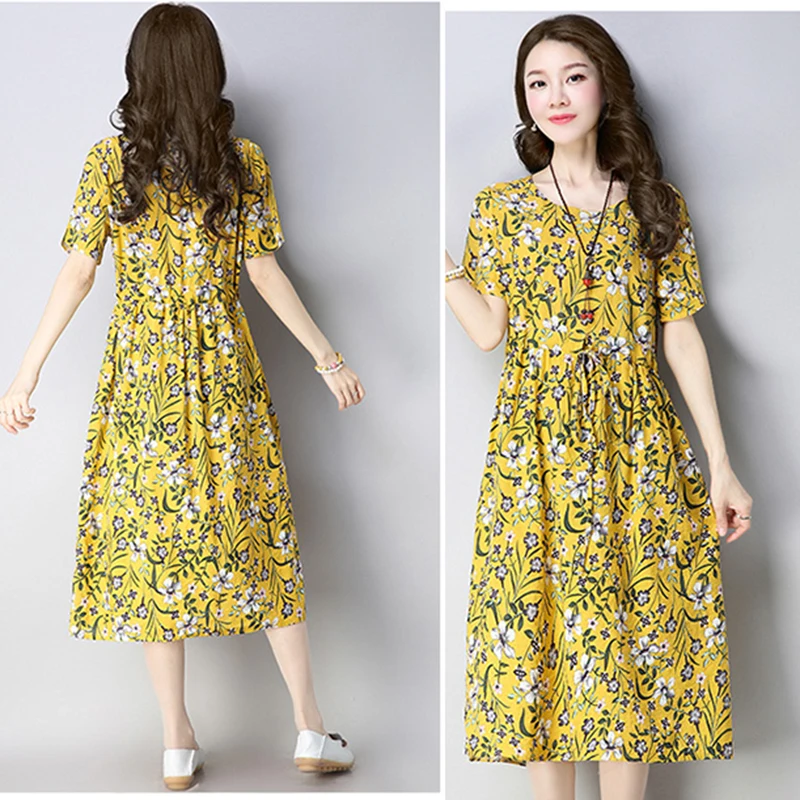 Женское платье с коротким рукавом и круглым вырезом из хлопка льна повседневное