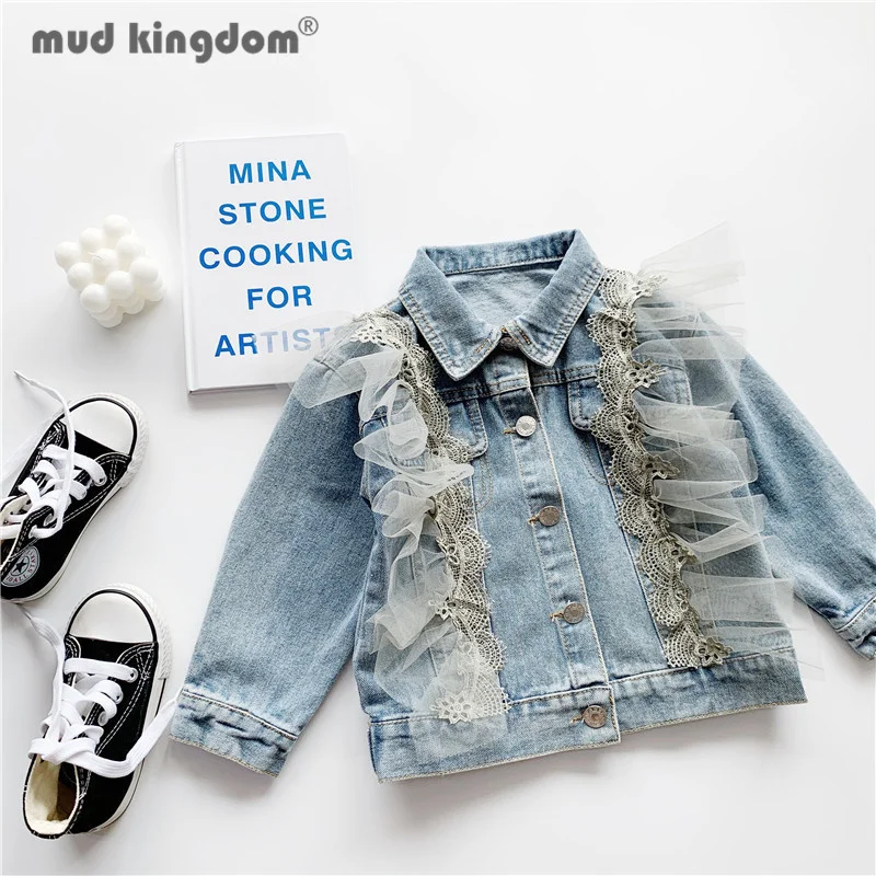 

Mudkingdom Kids Denim Jacket Girls Lace Solid Turn-down Collar Long Sleeve Button Tops for Girl Spring Autumn Casual Outerwear