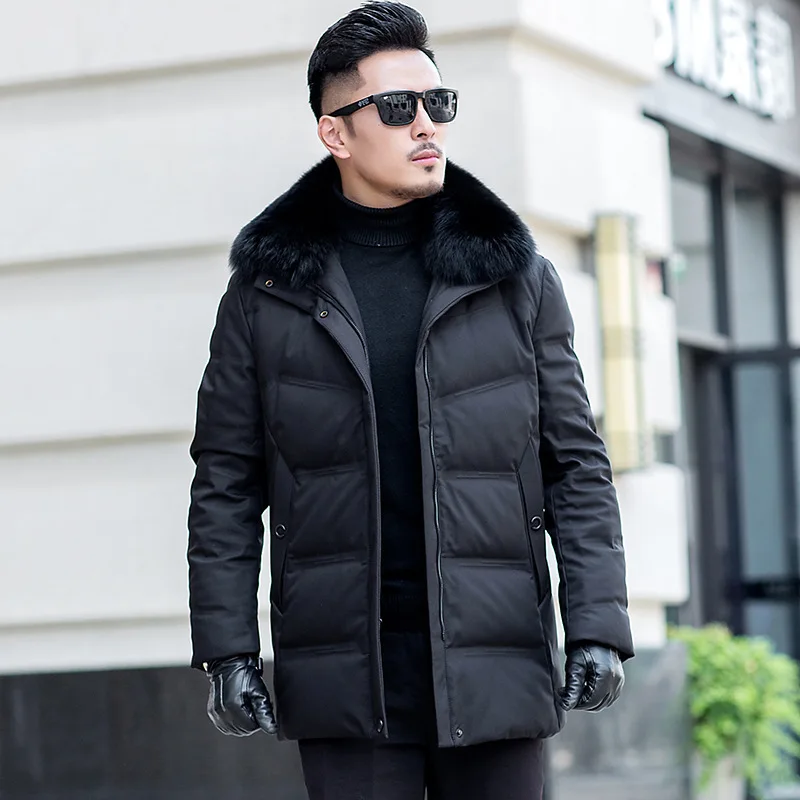Пальто с капюшоном на утином пуху зимнее пальто для мужчин воротник лисьим мехом