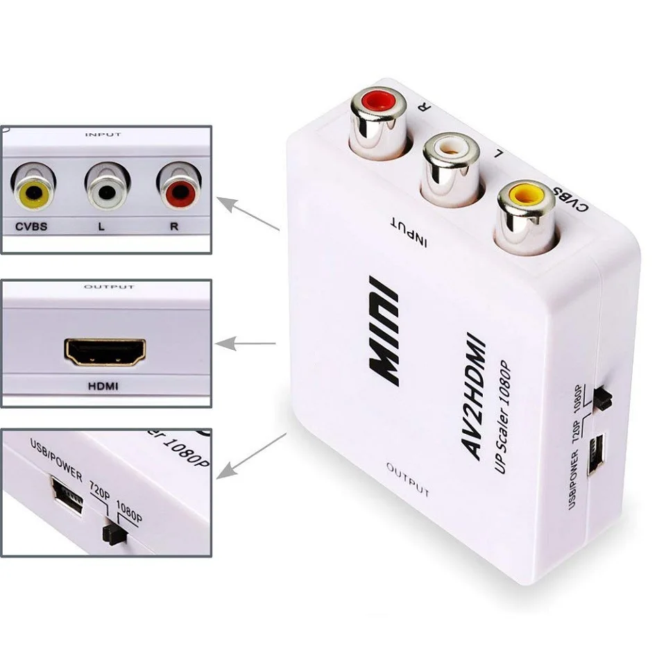 Мини 1080P композитный AV RCA в HDMI видео конвертер адаптер Full HD 720/1080p UP Scaler AV2HDMI для TV