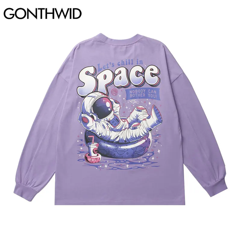 

Футболки GONTHWID, уличная одежда, забавный мультяшный астронавт, принт, футболки с длинным рукавом, рубашки, хип-хоп Harajuku, хлопковые свободные М...