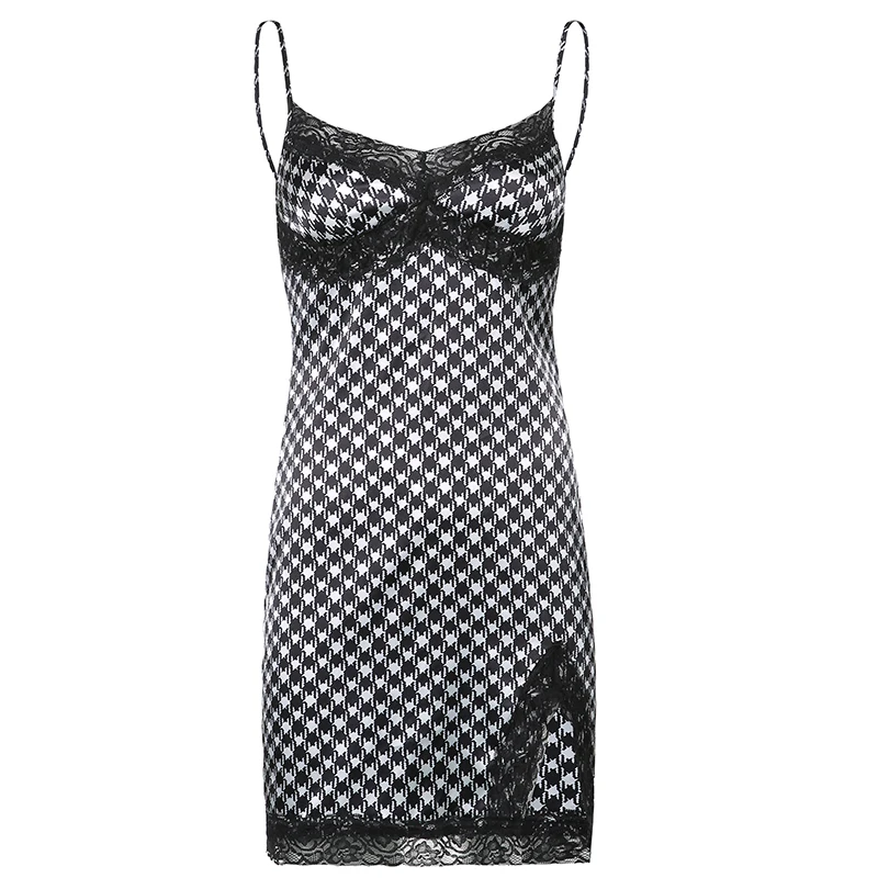 

Sexy V-neck Lace Patchwork Y2K Cute Mini Dresses Houndstooth Print Clubwear Summer Outfits Beach Harajuku Dress Cuteandpsycho